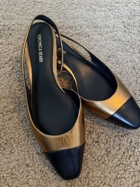 Veronica Beard Metallic Gold and Black Pointed Slingback Flats
